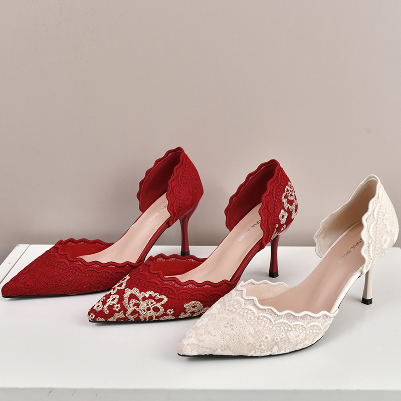 Embroidery Wedding - Lüks Kırmızı Beyaz Dantel İşlemeli Yüksek
