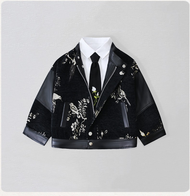 Embroidery Wedding - Beyefendi Çocuklar Nakışlı Motosiklet PU Deri